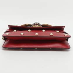 Pre Owned Gucci Bee Pearl Studded Queen Margaret Broadway Mini Red Leather Crossbody Bag