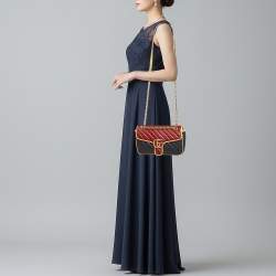 Pre Owned حقيبة كتف غوتشي مارمونت GG صغيرة جلد مبطن أزرق بحري/أحمر مائل للقطرية