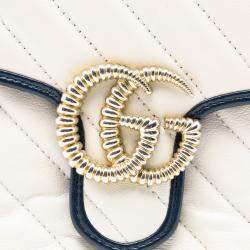 Pre Owned Gucci Blue/White Mini GG Marmont Matelasse Diagonal Leather Torchon Top Handle Bag