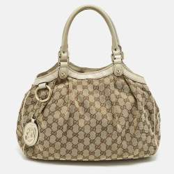 Pre Owned Gucci Sukey Medium Beige GG Canvas and Leather Tote