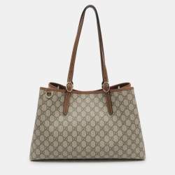 Pre Owned Gucci GG Emblem Large Beige/Brown Coated Canvas Tote