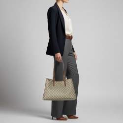 Pre Owned Gucci GG Emblem Large Beige/Brown Coated Canvas Tote