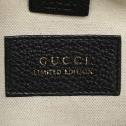 Pre Owned حقيبة غوتشي يد علوية جلد أسود GG مارمونت مطرز مزخرف بالورود