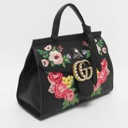 Pre Owned حقيبة غوتشي يد علوية جلد أسود GG مارمونت مطرز مزخرف بالورود