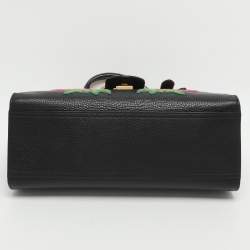 Pre Owned حقيبة غوتشي يد علوية جلد أسود GG مارمونت مطرز مزخرف بالورود