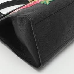 Pre Owned حقيبة غوتشي يد علوية جلد أسود GG مارمونت مطرز مزخرف بالورود