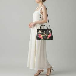 Pre Owned حقيبة غوتش ي يد علوية جلد أسود GG مارمونت مطرز مزخرف بالورود