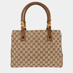 Pre Owned Gucci Brown Beige Bamboo GG Tote Bag