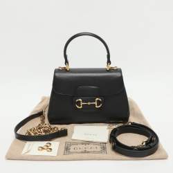 مملوكة مسبقًا حقيبة غوتشي بلجام حصان 1955 جلد أسود بمقبض علوي