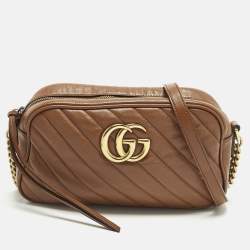 Pre Owned Gucci GG Marmont Small Brown Matelasse Leather Camera Bag