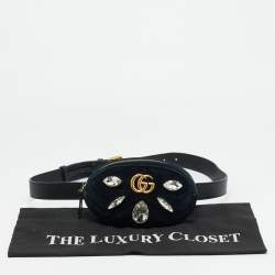 Pre Owned Gucci GG Marmont Crystals Black Matelassé Velvet and Leather Belt Bag