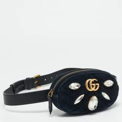 Pre Owned Gucci GG Marmont Crystals Black Matelassé Velvet and Leather Belt Bag