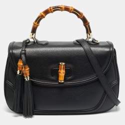 Pre Owned حقيبة غوتشي كبيرة جلد أسود بشراشيب وسعف خيزران جديد يد علوية