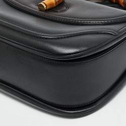 Pre Owned حقيبة غوتشي كبيرة جلد أسود بشراشيب وسعف خيزران جديد يد علوية