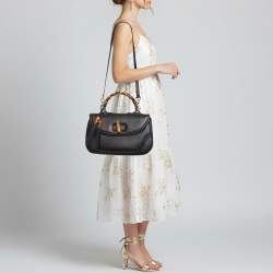 Pre Owned حقيبة غوتشي كبيرة جلد أسود بشراشيب وسعف خيزران جديد يد علوية