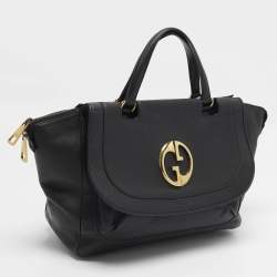 Pre Owned حقيبة يد علوية جلد أسود قوتشي 1973