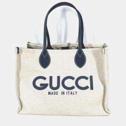 Pre Owned Gucci Logo Print Shoulder Bag/Tote Bag Canvas/Leather Beige/Black