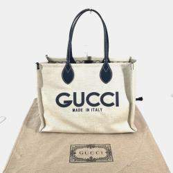Pre Owned Gucci Logo Print Shoulder Bag/Tote Bag Canvas/Leather Beige/Black