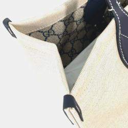 Pre Owned Gucci Logo Print Shoulder Bag/Tote Bag Canvas/Leather Beige/Black
