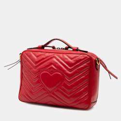 Pre Owned Gucci Gg Marmont Chain Shoulder Bag Red Leather