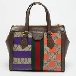 Pre Owned Gucci Brown/Beige Geometric Print GG Supreme Canvas Small Ophidia Tote