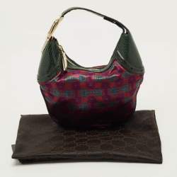 Pre Owned Gucci Glam Green Horsebit Print Satin and Lizard Hobo
