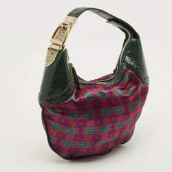 Pre Owned Gucci Glam Green Horsebit Print Satin and Lizard Hobo