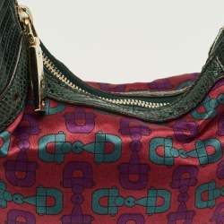 Pre Owned Gucci Glam Green Horsebit Print Satin and Lizard Hobo