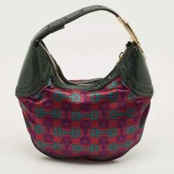 Pre Owned Gucci Glam Green Horsebit Print Satin and Lizard Hobo