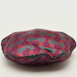 Pre Owned Gucci Glam Green Horsebit Print Satin and Lizard Hobo