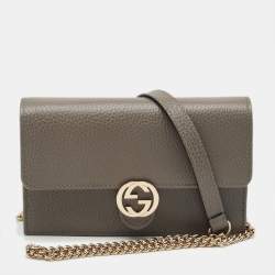 Pre Owned Gucci Interlocking G Grey Leather Wallet on Chain