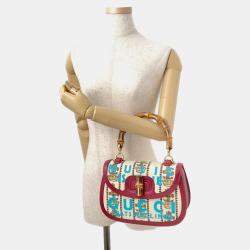 Pre Owned Gucci Music Is Mine Bamboo 3Way Handbag Red/Ivory Leather Canvas Size Medium