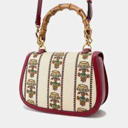 Pre Owned Gucci Music Is Mine Bamboo 3Way Handbag Red/Ivory Leather Canvas Size Medium