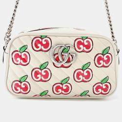 Pre Owned حقيبة كتف صغيرة غوتشي مارمونت GG آبل جلد أبيض/أحمر/بيج