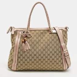 Pre Owned Gucci Bella Metallic Pink/Beige GG Canvas and Leather Tote