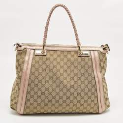 Pre Owned Gucci Bella Metallic Pink/Beige GG Canvas and Leather Tote