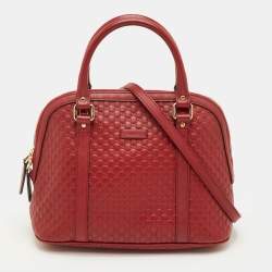 Pre Owned Gucci Dome Medium Red Micro Guccissima Leather Bag