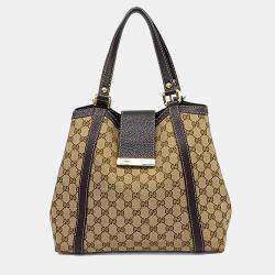 Pre Owned Gucci Beige Jacquard and Leather Jacquard Tote Bag