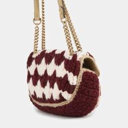 Pre Owned Gucci Gg Marmont Knit Shoulder Bag Bordeaux/White Wool Leather