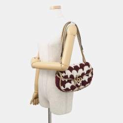 Pre Owned Gucci Gg Marmont Knit Shoulder Bag Bordeaux/White Wool Leather