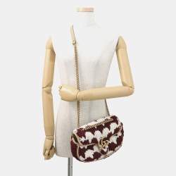Pre Owned Gucci Gg Marmont Knit Shoulder Bag Bordeaux/White Wool Leather