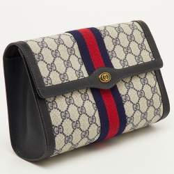 Pre Owned Gucci Vintage Sherry Line Beige/Navy Blue GG Supreme Canvas and Leather Clutch