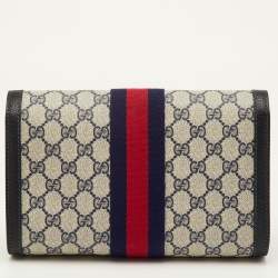 Pre Owned Gucci Vintage Sherry Line Beige/Navy Blue GG Supreme Canvas and Leather Clutch