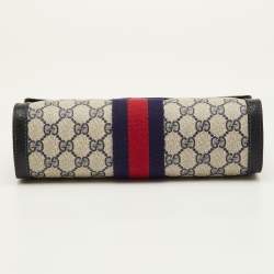 Pre Owned Gucci Vintage Sherry Line Beige/Navy Blue GG Supreme Canvas and Leather Clutch