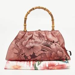 Pre Owned Gucci Bamboo Floral Print Old Rose Leather Top Handle Bag
