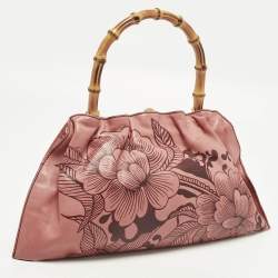 Pre Owned Gucci Bamboo Floral Print Old Rose Leather Top Handle Bag