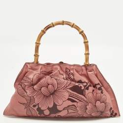 Pre Owned Gucci Bamboo Floral Print Old Rose Leather Top Handle Bag