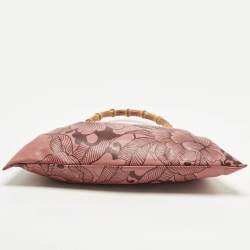 Pre Owned Gucci Bamboo Floral Print Old Rose Leather Top Handle Bag