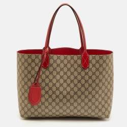 Pre Owned Gucci Reversible Medium Beige/Red GG Supreme Canvas and Leather Tote