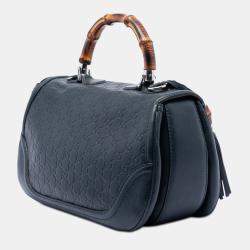 Pre Owned Gucci Blue Large Guccissima New Bamboo Top Handle Bag